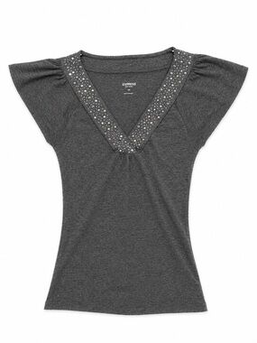 Express Sexy Basic Gray Rhinestone V-Neck Flutter Sleeve Tee XS